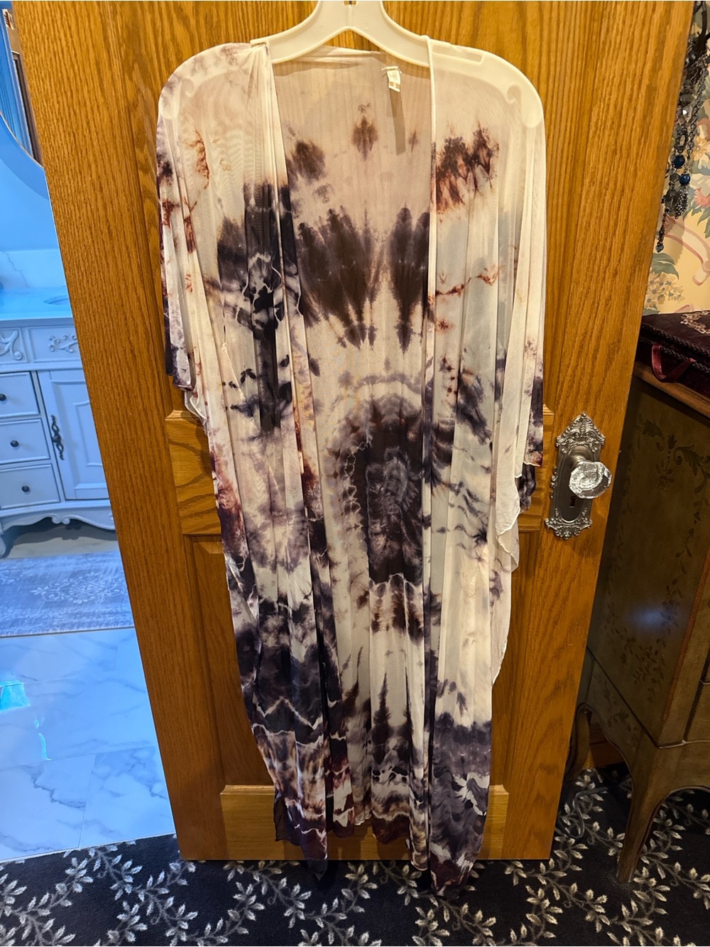 Tie-Dye Open Front Long Kimono Cardigan - Neutral Tones